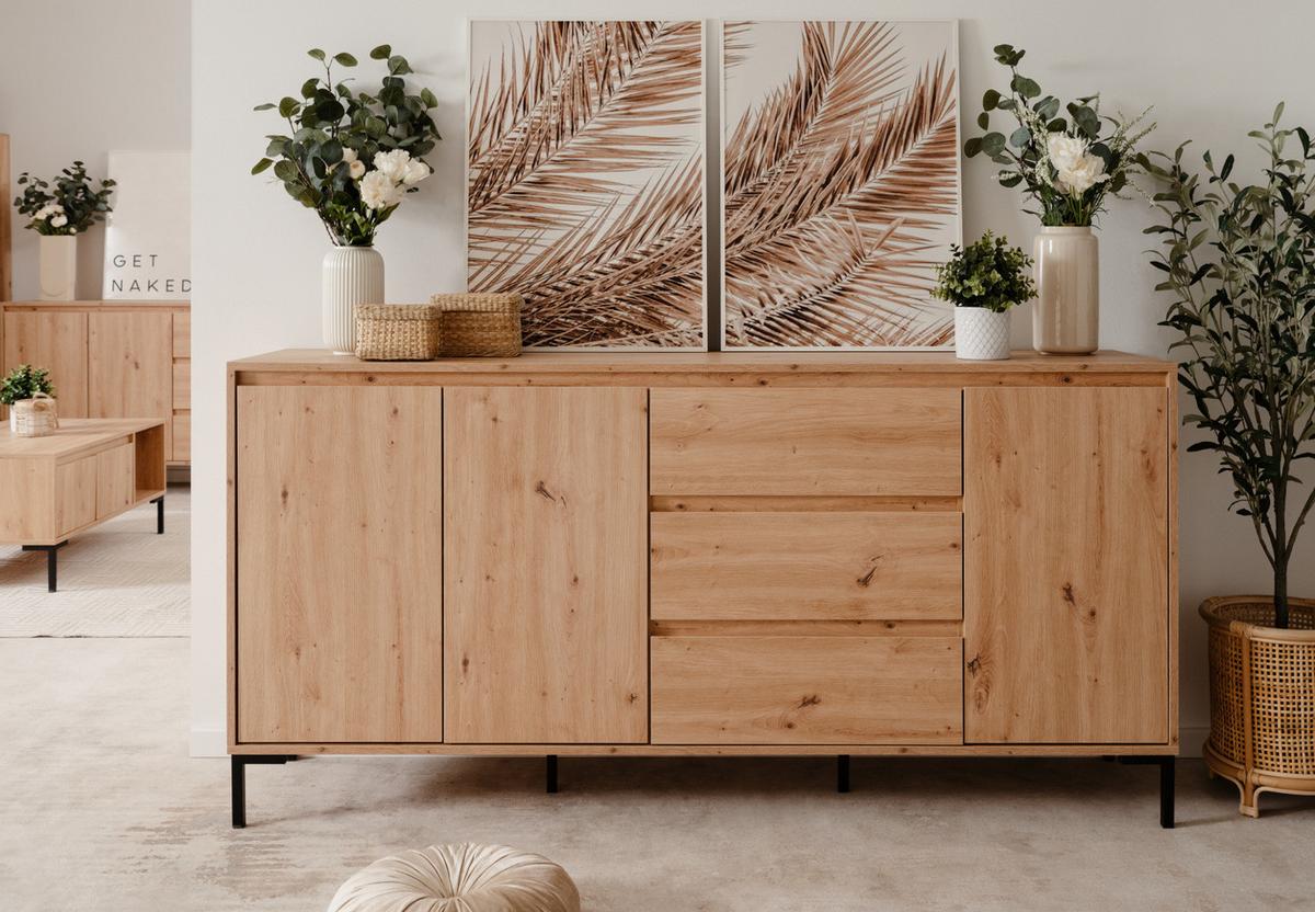 SIDEBOARD Eiche Artisan 170 x 87 cm, Kommode mit viel Stauraum - Schwarz/Eiche Artisan, Holzwerkstoff/Metall (170/87/40cm) - Furn.Design