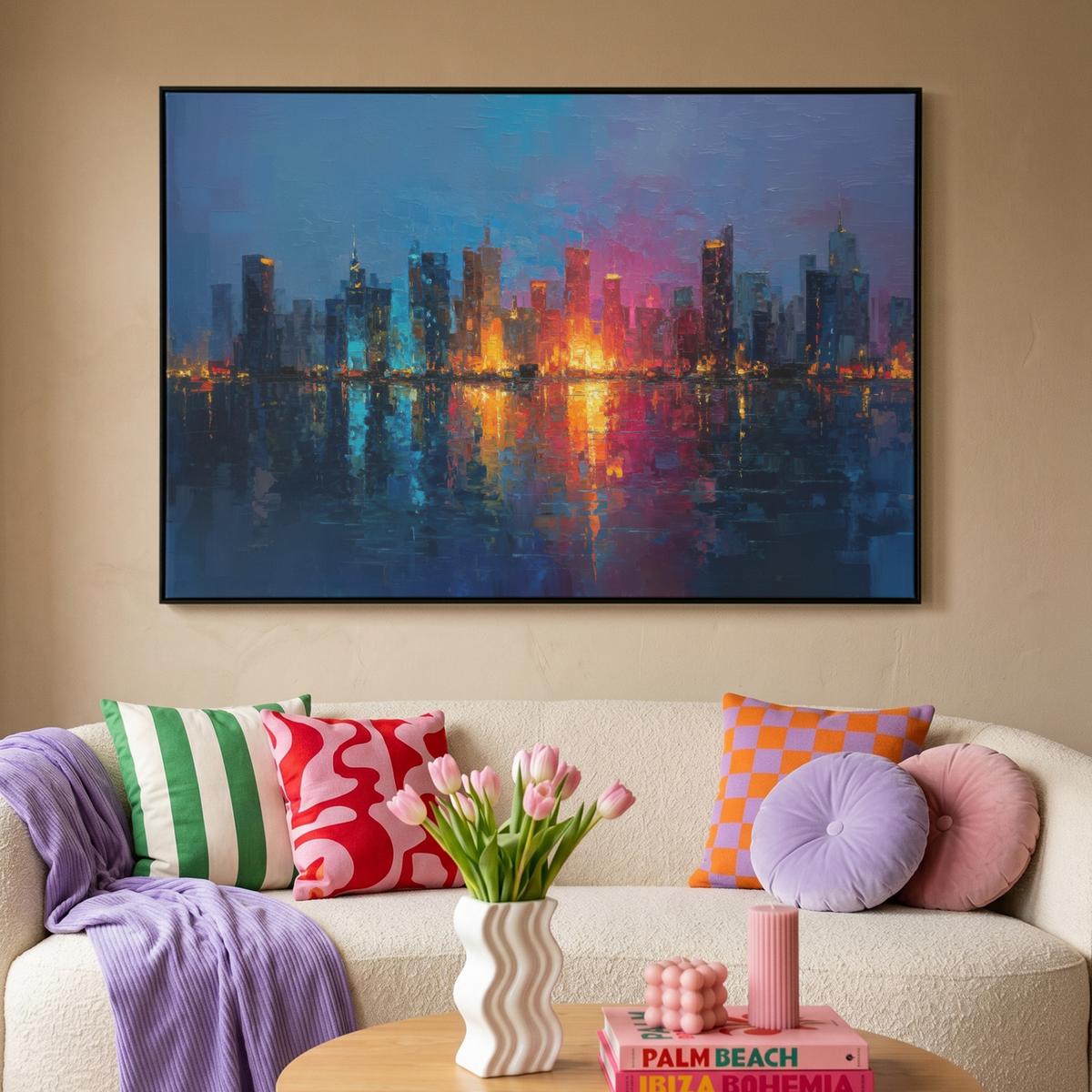 LEINWAND Bilder mit Rahmen - Skyline - Pinselstriche - Dunkelblau - Leuchtend - 140x90 - Blau, Textil (140/90cm) - MuchoWow