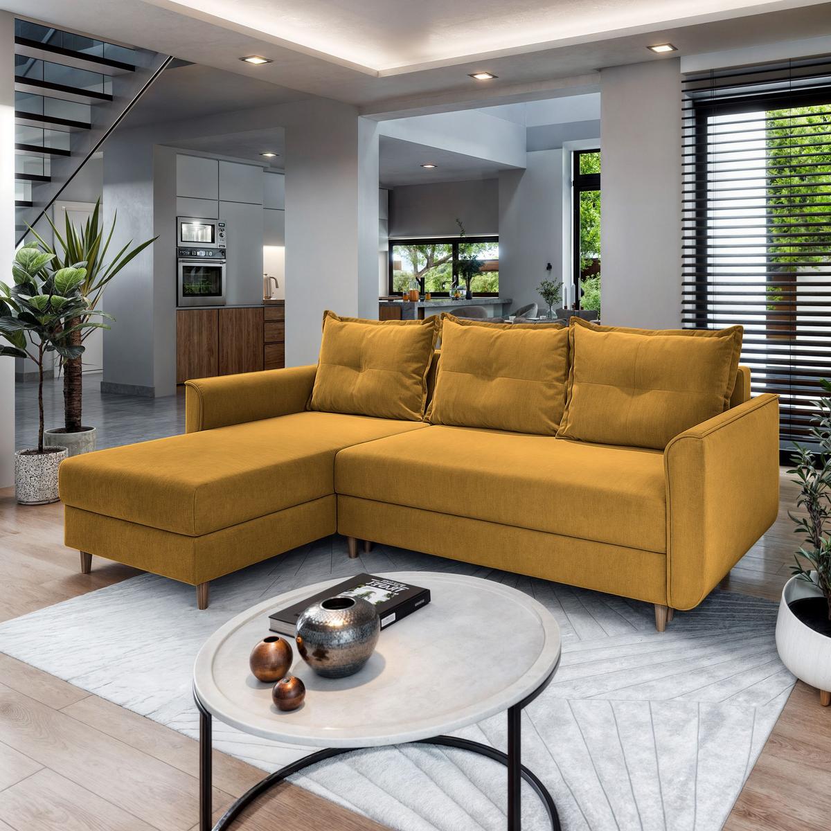 ECKSOFA PISAN L-S Gelb Plüsch-Stoff mit Schlaffunktion - Gelb/Braun, Holz/Textil (220/140cm) - MASSENO