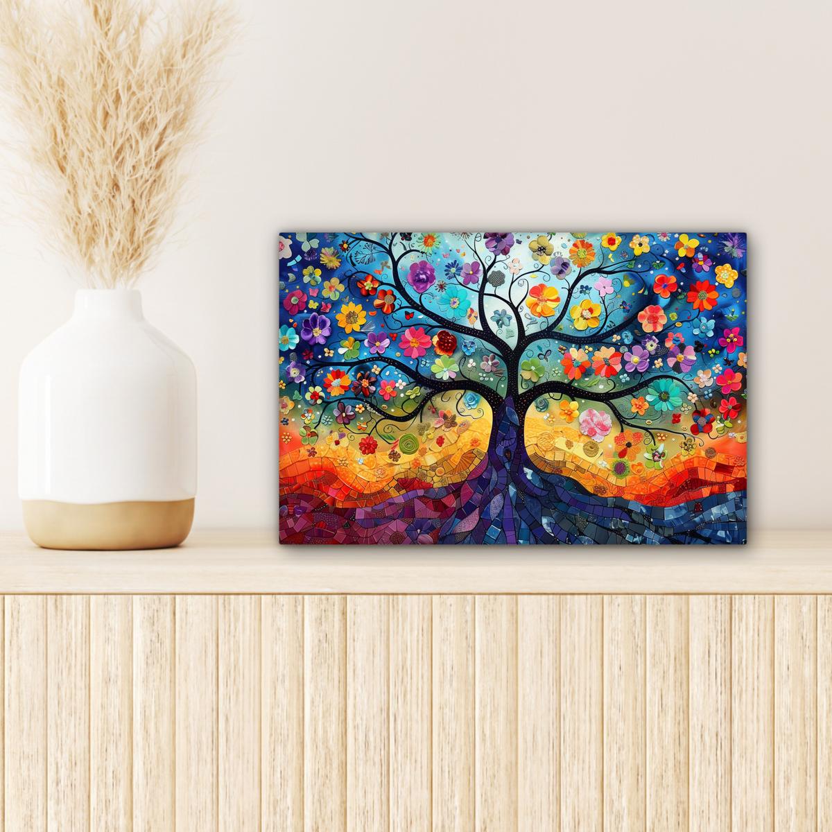 LEINWANDBILD Kunst - Baum des Lebens - Blumen - Hippie Deko Schlafzimmer 30x20 cm - Dunkelblau, Textil (30/20cm) - MuchoWow