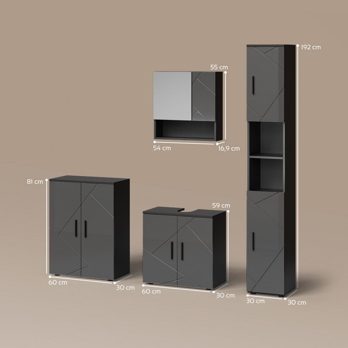 BADMÖBEL-SET Ronco Anthrazit Hochglanz 4 Teile, mit Hochschrank und Kommode - Schwarz Hochglanz, Holzwerkstoff (60/192/30cm) - Livinity®