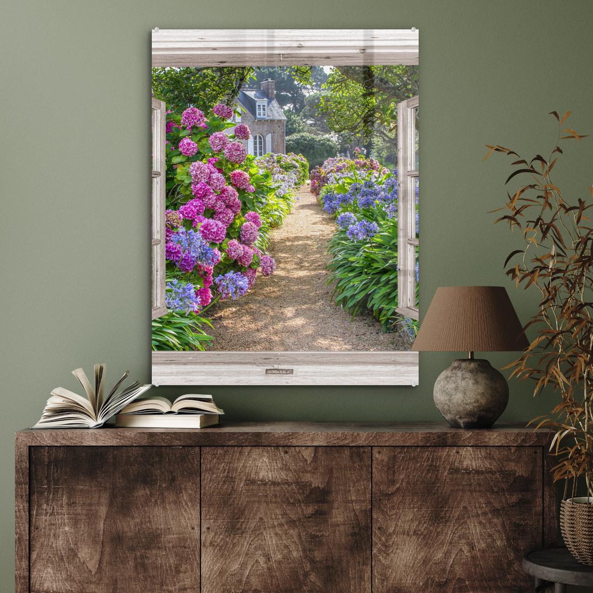 ACRYLGLASBILD Hortensie - Durchsichtig - Blumen - Sommer - Lila - Weg 60x80 cm - Lila, Glas (60/80cm) - MuchoWow