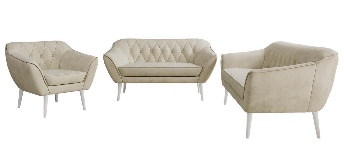SITZGARNITUR PIRS 3+2+1 - Beige Velvet - Weiße Beine - Beige/Weiß, Holzwerkstoff/Textil (180/75/74cm) - MKS