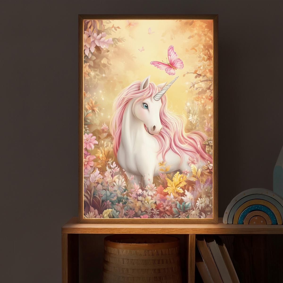 WANDLEUCHTE MIT AKKU Einhorn - Blumen - Schmetterling - Rosa 40x60 cm - Beige, Holzwerkstoff (40/60/8cm) - OnlyWow