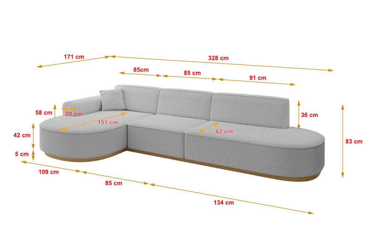 ECKSOFA Ottomane Links MARI-L2-v2 - 328x171x83 cm Hellgrau Bouclé - Hellgrau, Holzwerkstoff/Textil (328/171cm) - ALTDECOR