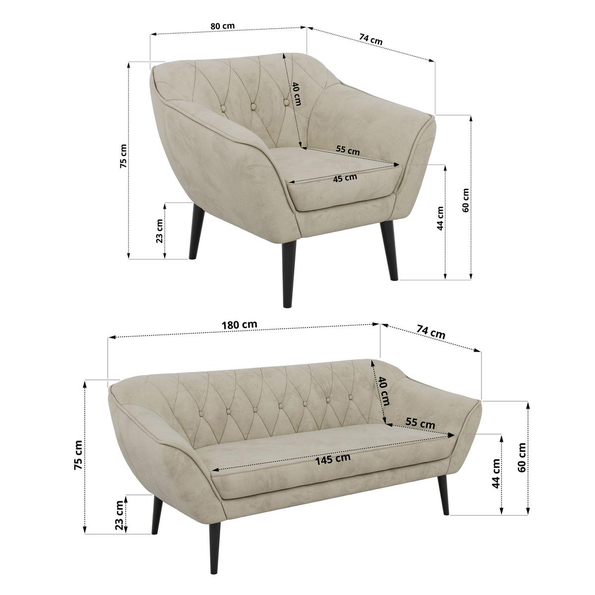 SITZGARNITUR PIRS 3+3+1 - Beige Velvet - Schwarze Beine - Beige/Schwarz, Holzwerkstoff/Textil (180/75/74cm) - MKS