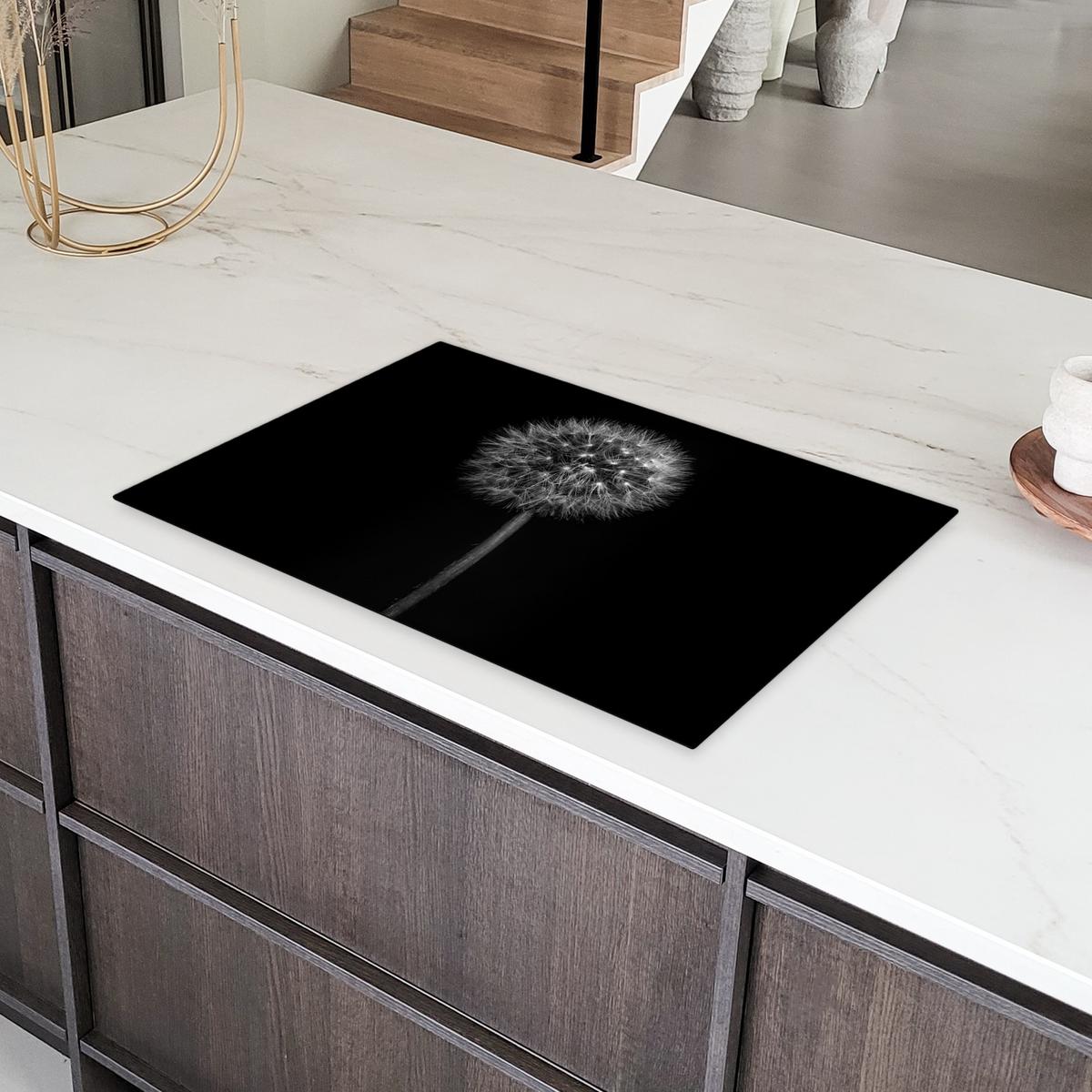 HERDABDECKPLATTE Löwenzahn - Schwarz - Floral - Botanisch Ceranfeldabdeckung 80x52 cm - Grau, Kunststoff (80/52/0.2cm) - MuchoWow