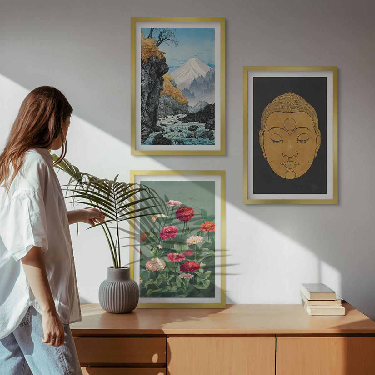 BILDER SET 3er Set - 40x60 cm Goldrahmen - Japanische Natur, Japandi-Kultur - Goldfarben, Kunststoff (40/60cm) - TULUP