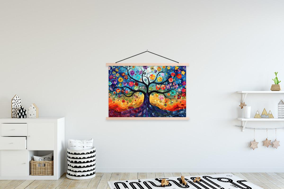 POSTER MIT MAGNETLEISTEN Kunst - Baum des Lebens - Blumen - Hippie Magnetleiste 120x80 cm - Dunkelblau, Textil (120/80/0.15cm) - MuchoWow