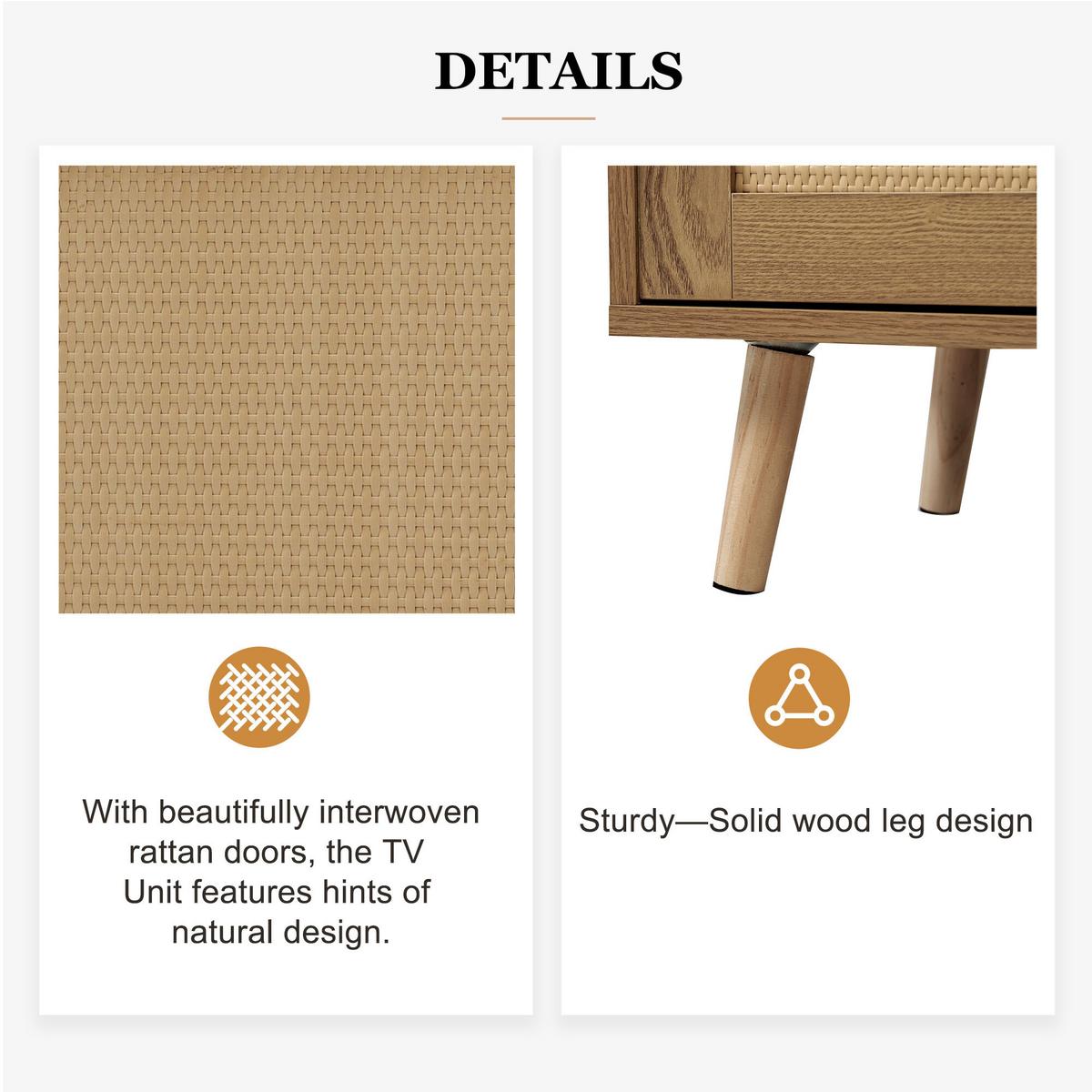 TV STOLÍK Z RATANU – nohy z masívneho dreva – 200 x 37 x 49 cm - Braun, Holz (37/49/200cm) - Urban Meuble