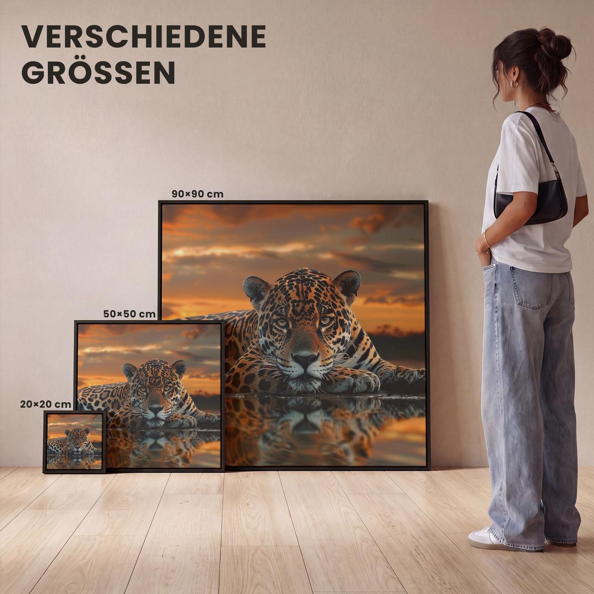 LEINWAND Bilder mit Rahmen - Natur - Leopard - Tier - Sonnenuntergang - Modern - 50x50 - Orange, Textil (50/50cm) - MuchoWow