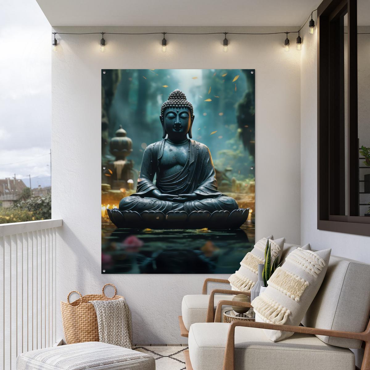 GARTENPOSTER Buddha - Statue - Buddha - Zen - Kunst - Buddha Gartendekoration 120x160 cm - Dunkelgrau, Kunststoff (120/160/0.2cm) - OnlyWow