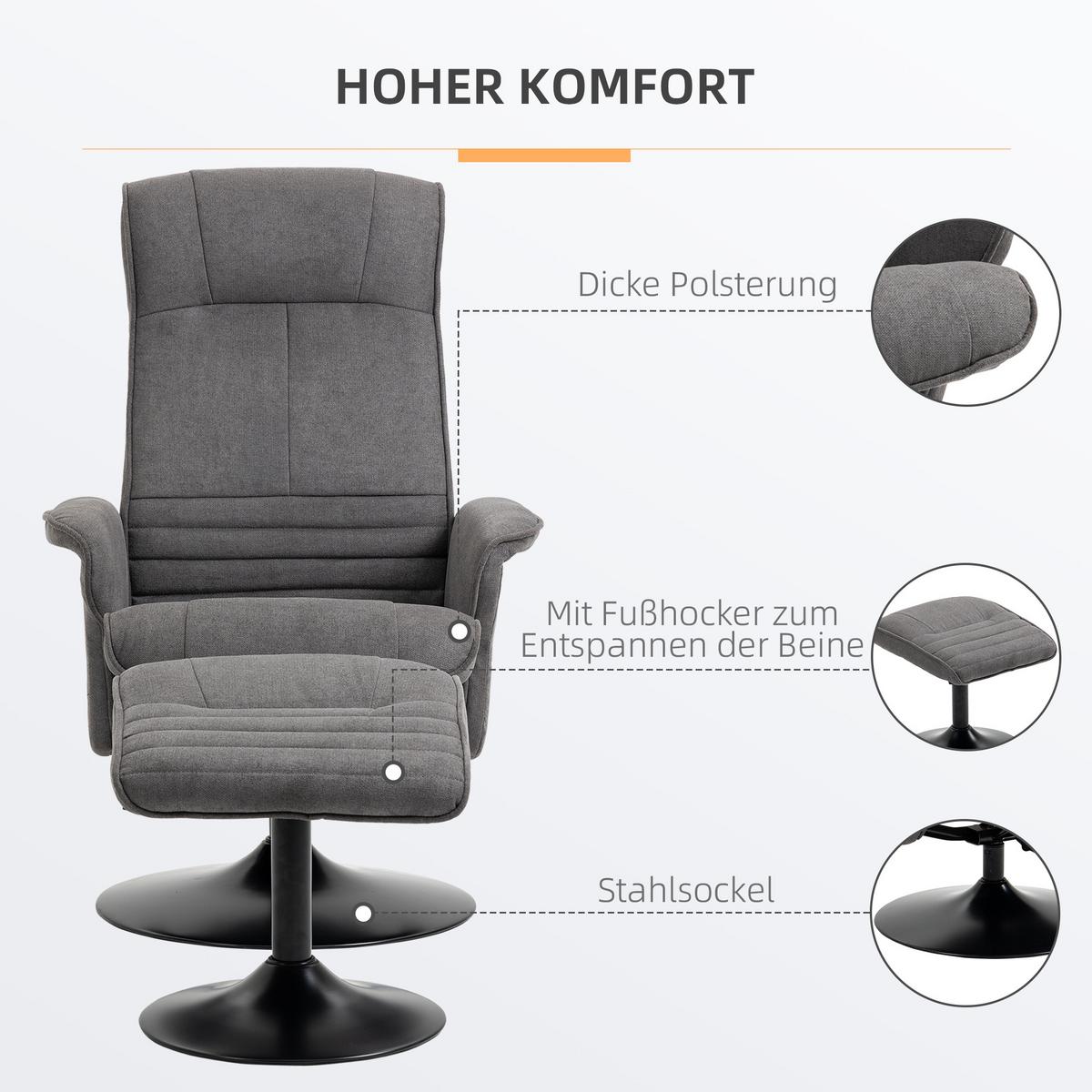 RELAXSESSEL mit Fußhocker verstellbare Rückenlehne für Schlafzimmer Dunkelgrau - Dunkelgrau/Schwarz, Textil/Metall (71/104/69cm) - HOMCOM