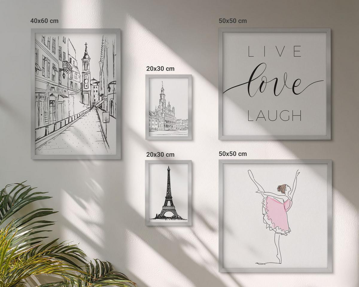 BILDER SET 5er Set - 50x50 cm & 20x30 cm & 40x60 cm Silberner Rahmen - Fruchtige Zitrusmuster - Silberfarben, Kunststoff (40/60cm) - TULUP