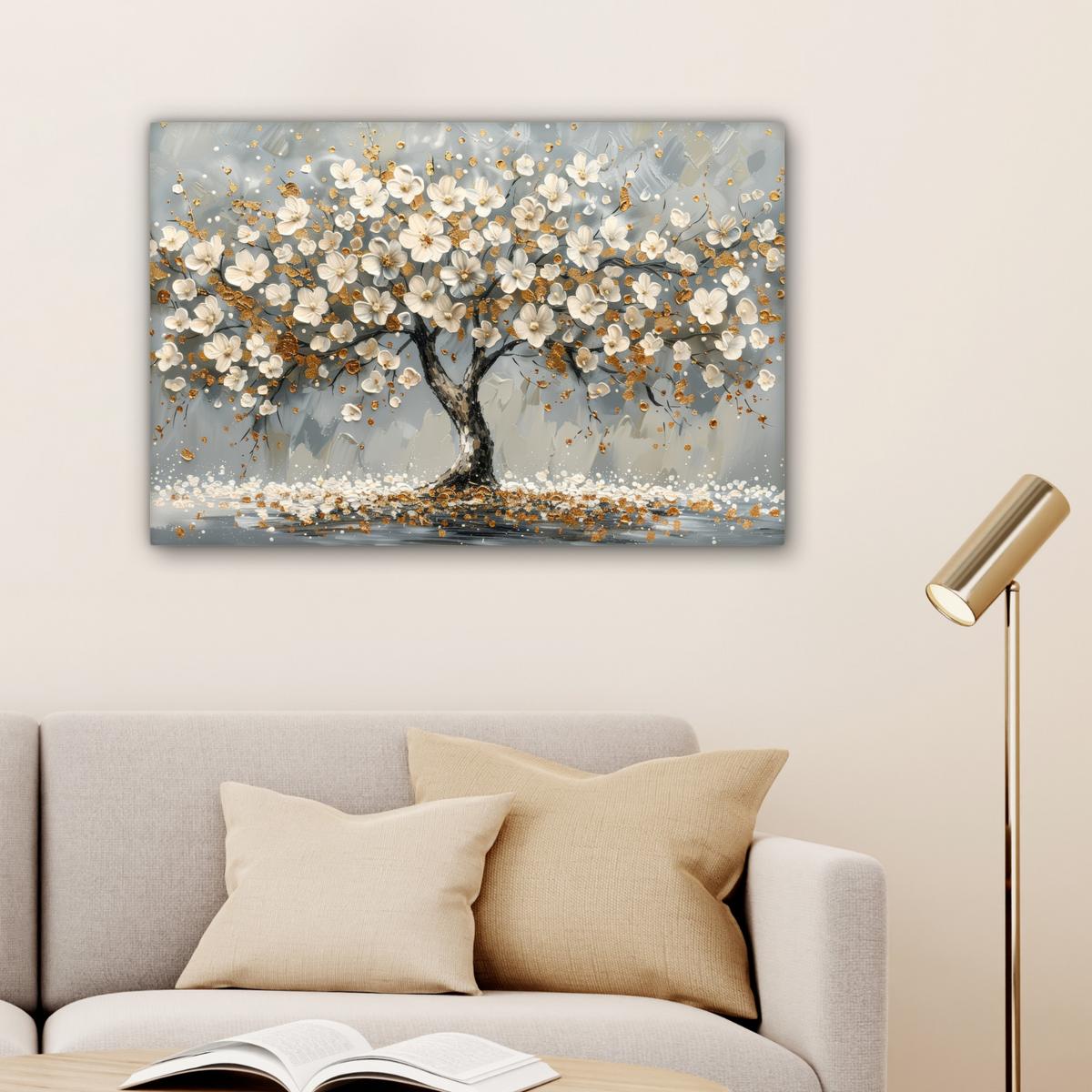 LEINWANDBILD Baum - Blumen - Weiß - Natur - Kunst Gemälde 60x40 cm - Weiß, Textil (60/40cm) - MuchoWow