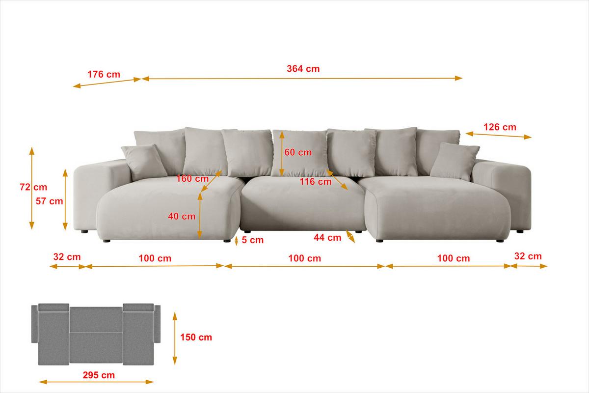 WOHNLANDSCHAFT mit Schlaffunktion ESKAR-U -364x176x72cm Hellbraun Velours - Hellbraun/Schwarz, Holzwerkstoff/Kunststoff (364/72/176cm) - ALTDECOR