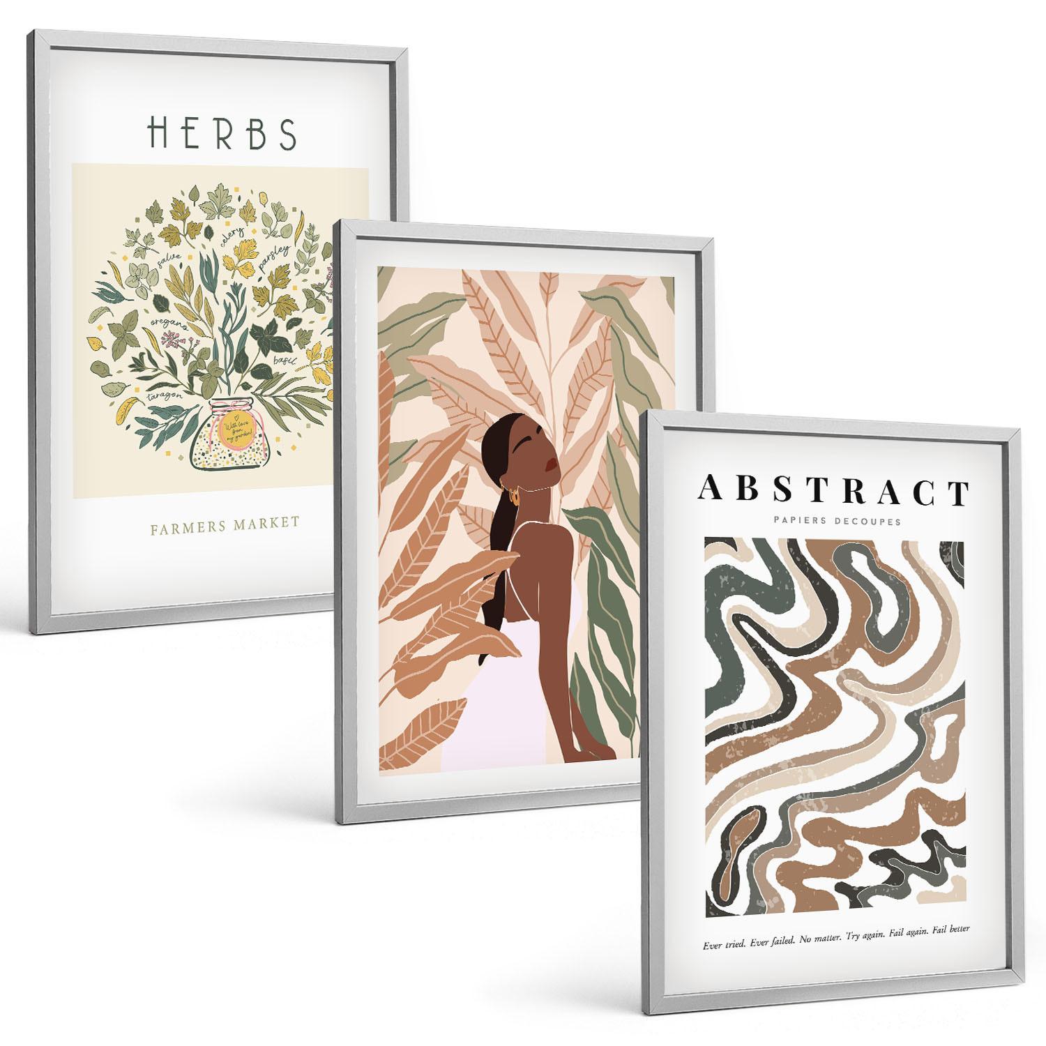 BILDER SET 3er Set - 40x60 cm Silberner Rahmen - Boho-Pastell-Minimalisten-Poster - Silberfarben, Kunststoff (40/60cm) - TULUP