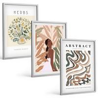 BILDER SET 3er Set - 40x60 cm Silberner Rahmen - Boho-Pastell-Minimalisten-Poster - Silberfarben, Kunststoff (40/60cm) - TULUP