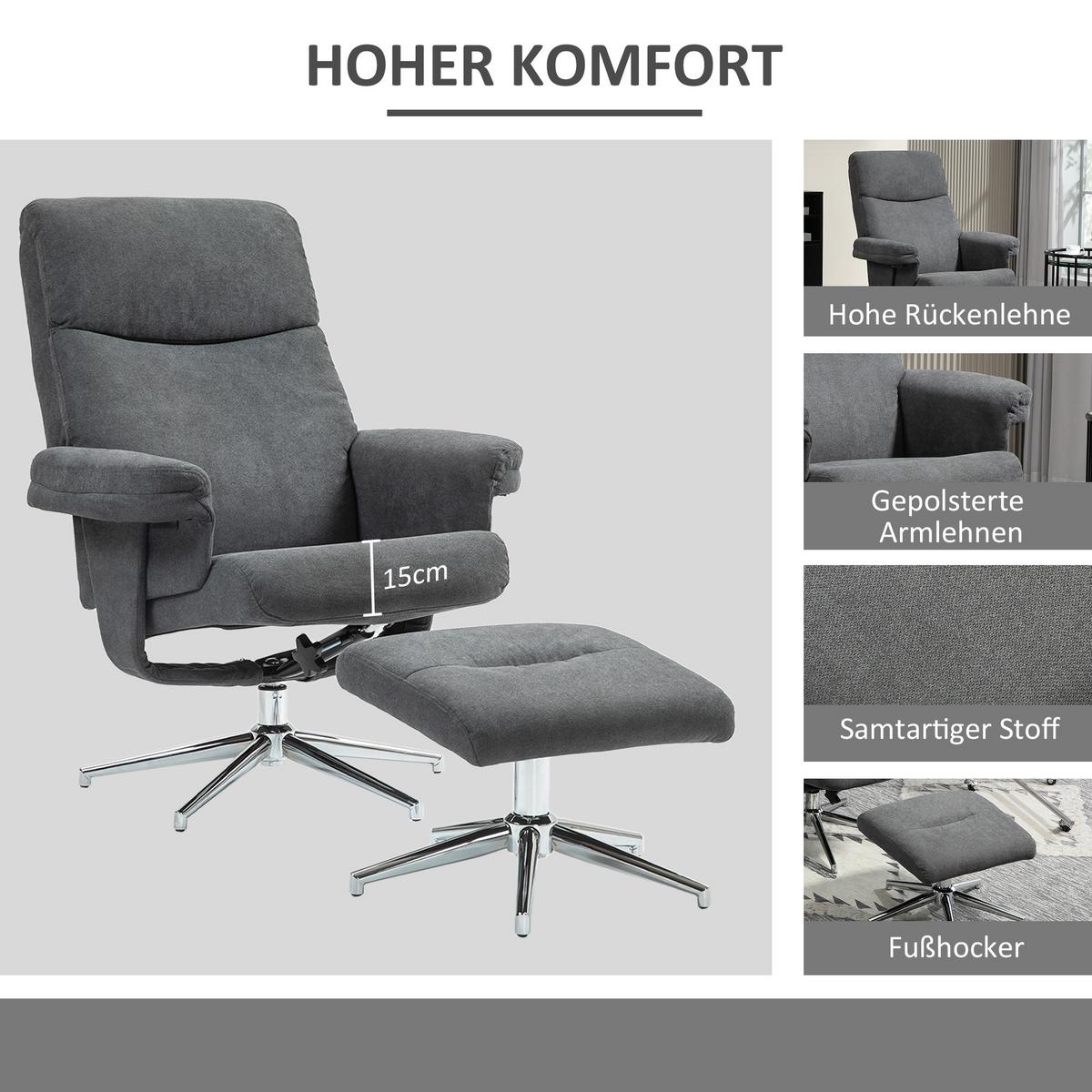 RELAXSESSEL mit Hocker, Gepolstert Fernsehsessel mit Liegefunktion, Liegesessel - Dunkelgrau, Kunststoff (78/106/85cm) - HOMCOM