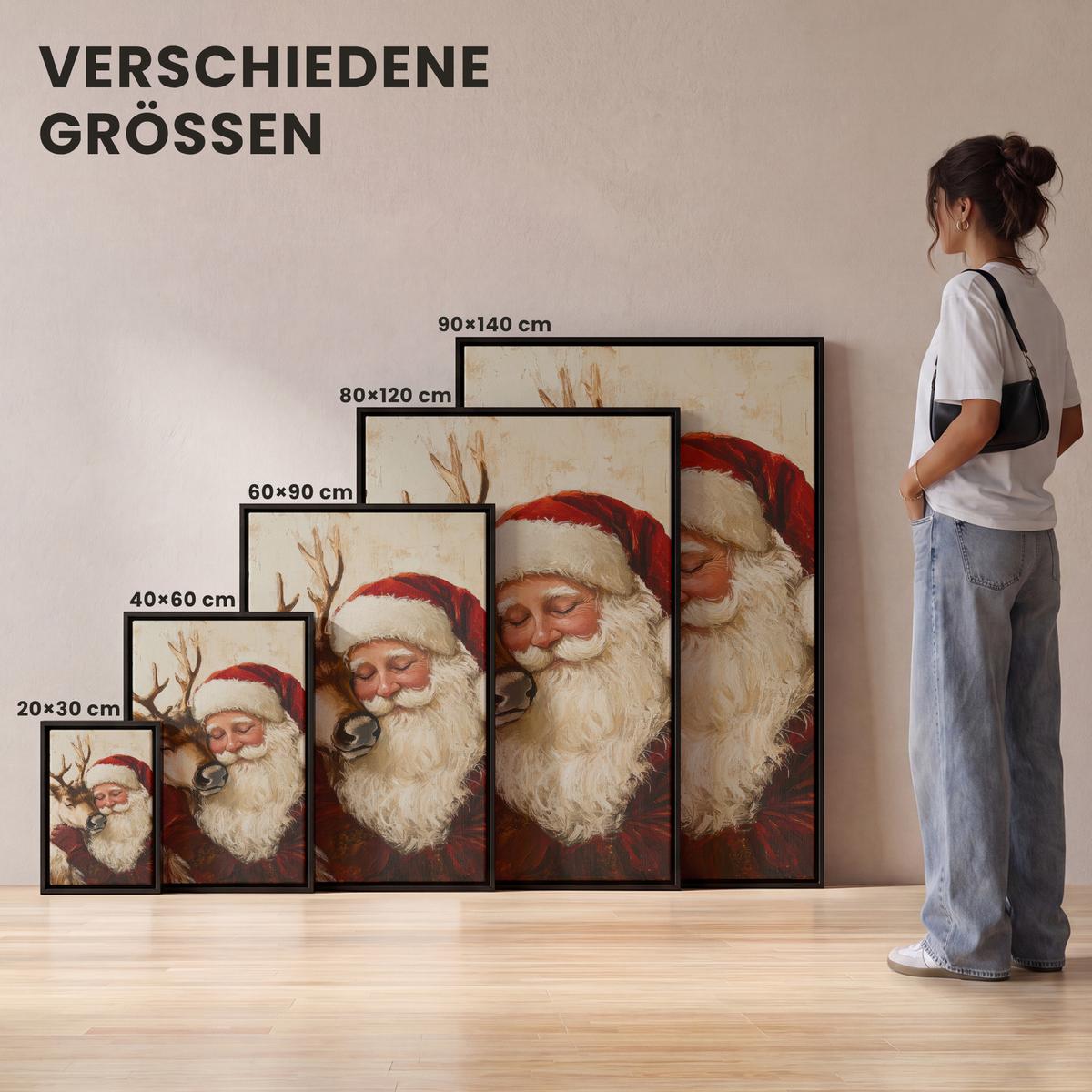 LEINWAND Bilder mit Rahmen - Weihnachtsmann - Rentier - Weihnachten - 60x90 - Rotbraun, Textil (60/90cm) - MuchoWow