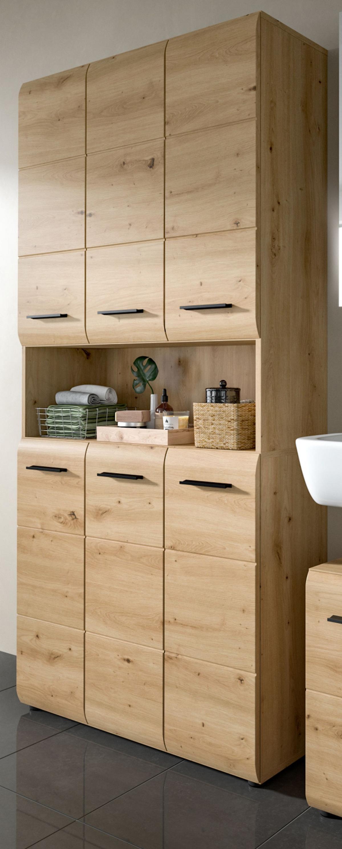 HOCHSCHRANK Eiche Artisan, Badschrank Mehrzweckschrank 6-türig 90 x 185 cm - Schwarz/Eiche Artisan, Holzwerkstoff/Kunststoff (90/185/30cm) - Inn.Furn