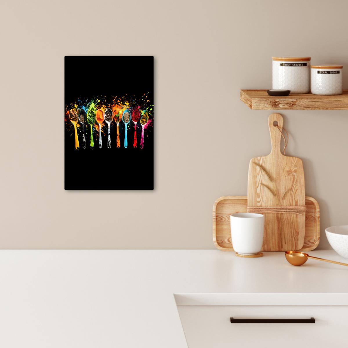 LEINWANDBILD Löffel - Gewürze - Modern - Graffiti - Farbe - Farbenfroh Deko Wohnzimmer 20x30 cm - Multicolor, Textil (20/30cm) - MuchoWow