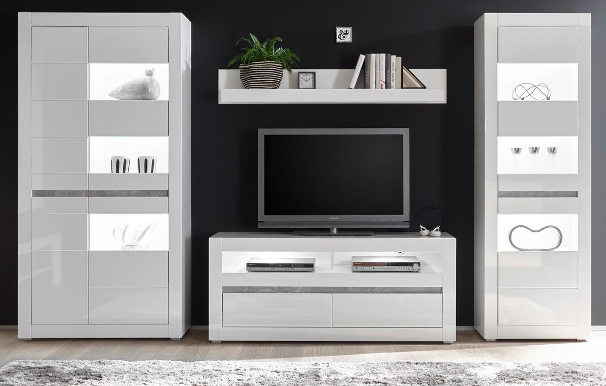 WOHNWAND Hochglanz weiß, Stone Design grau 4-teilig, Anbauwand mit Soft-Close - Weiß Hochglanz/Weiß, Glas/Holzwerkstoff (336/198/42cm) - Furn.Design