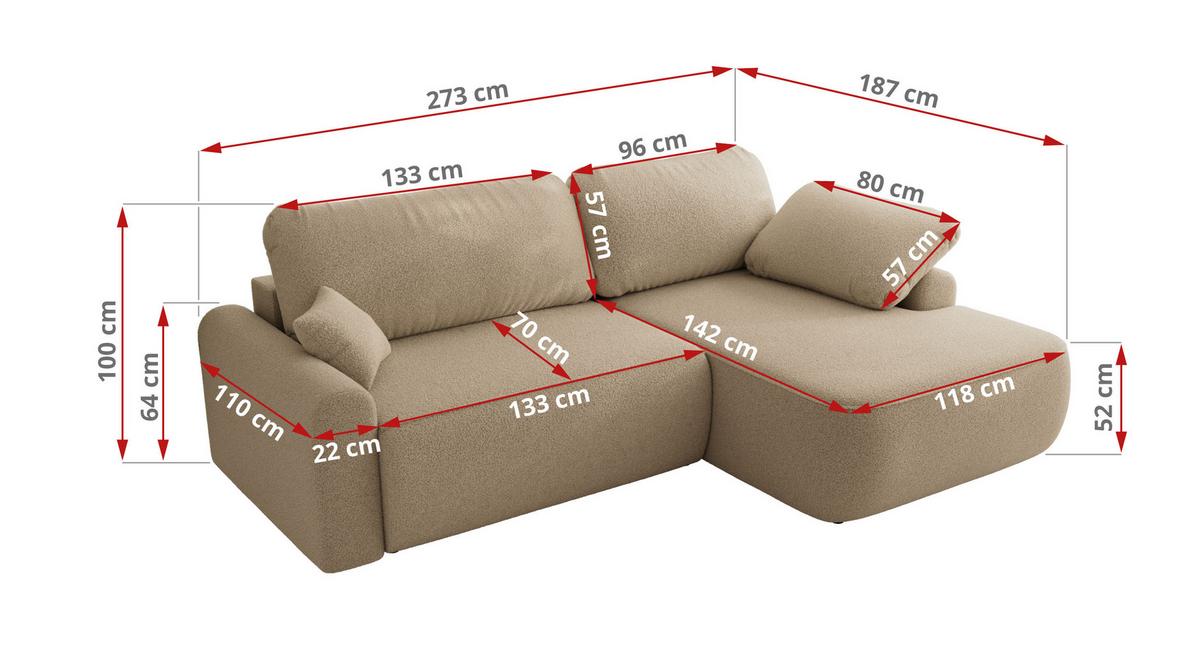 ECKSCHLAFSOFA CUBO L Hellbraun Boucle - rechts - Schwarz/Braun, Kunststoff/Textil (187/273cm) - MKS
