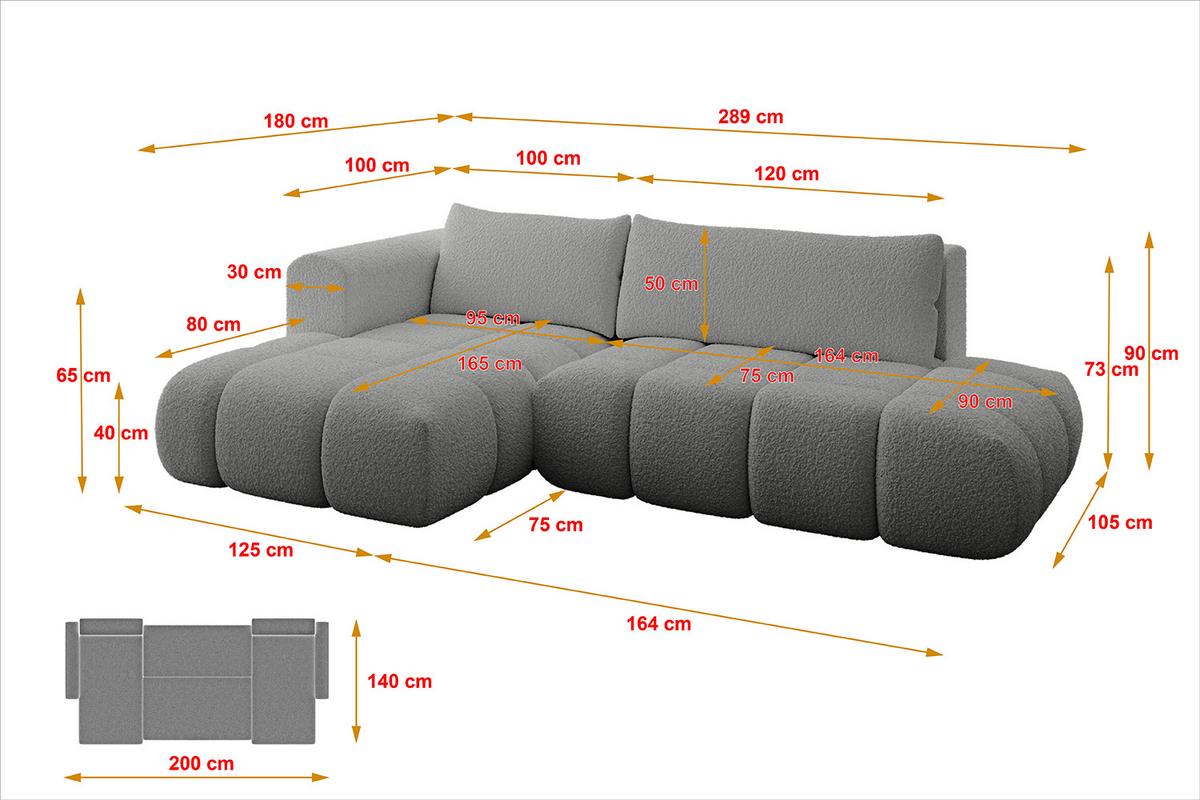 ECKSOFA Ottomane Links CLOUD-L 280x185x90 Hellgrau Bouclé - Hellgrau, Holzwerkstoff/Kunststoff (280/185cm) - ALTDECOR