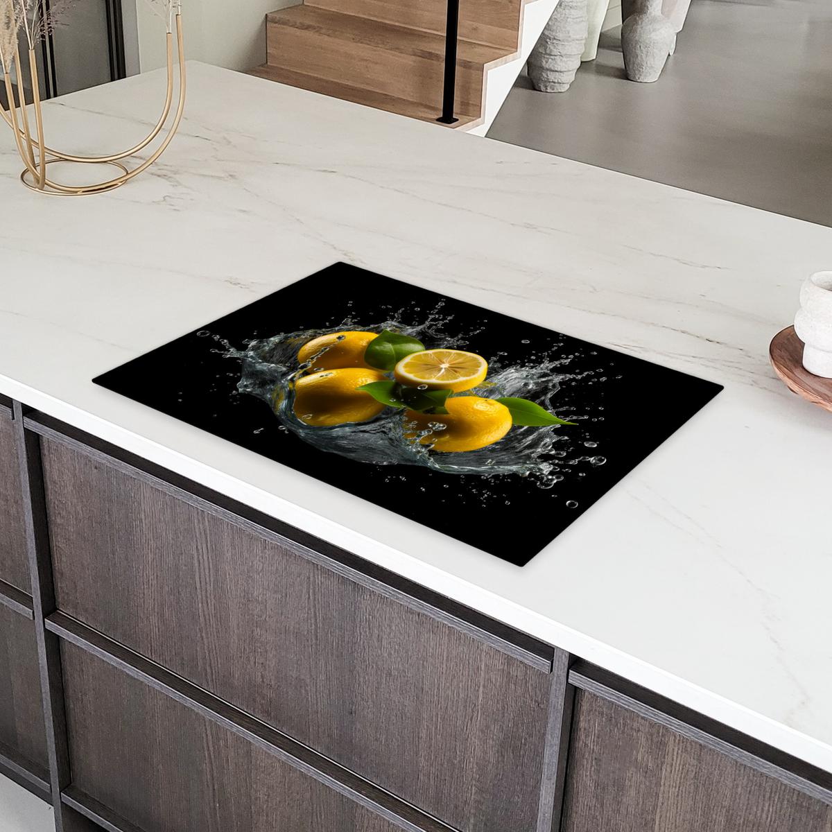 HERDABDECKPLATTE Zitrone - Obst - Gelb - Schwarz Ceranfeldabdeckung 76x51.5 cm - Gelb, Kunststoff (76/51.5/0.2cm) - MuchoWow