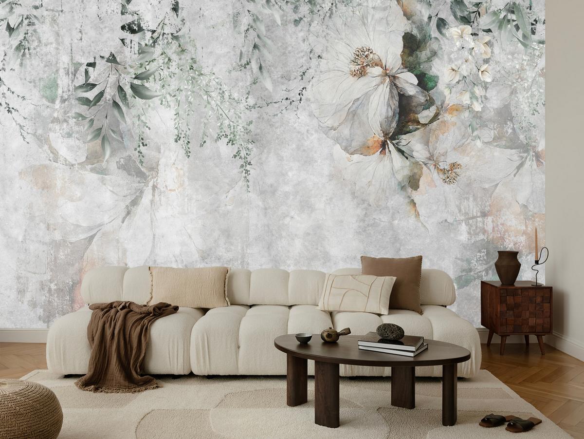 FOTOTAPETE für Esszimmer Zarte Blumen Blätter Beton 100x70 - Orange/Grau, Papier (100/70cm) - Muralo