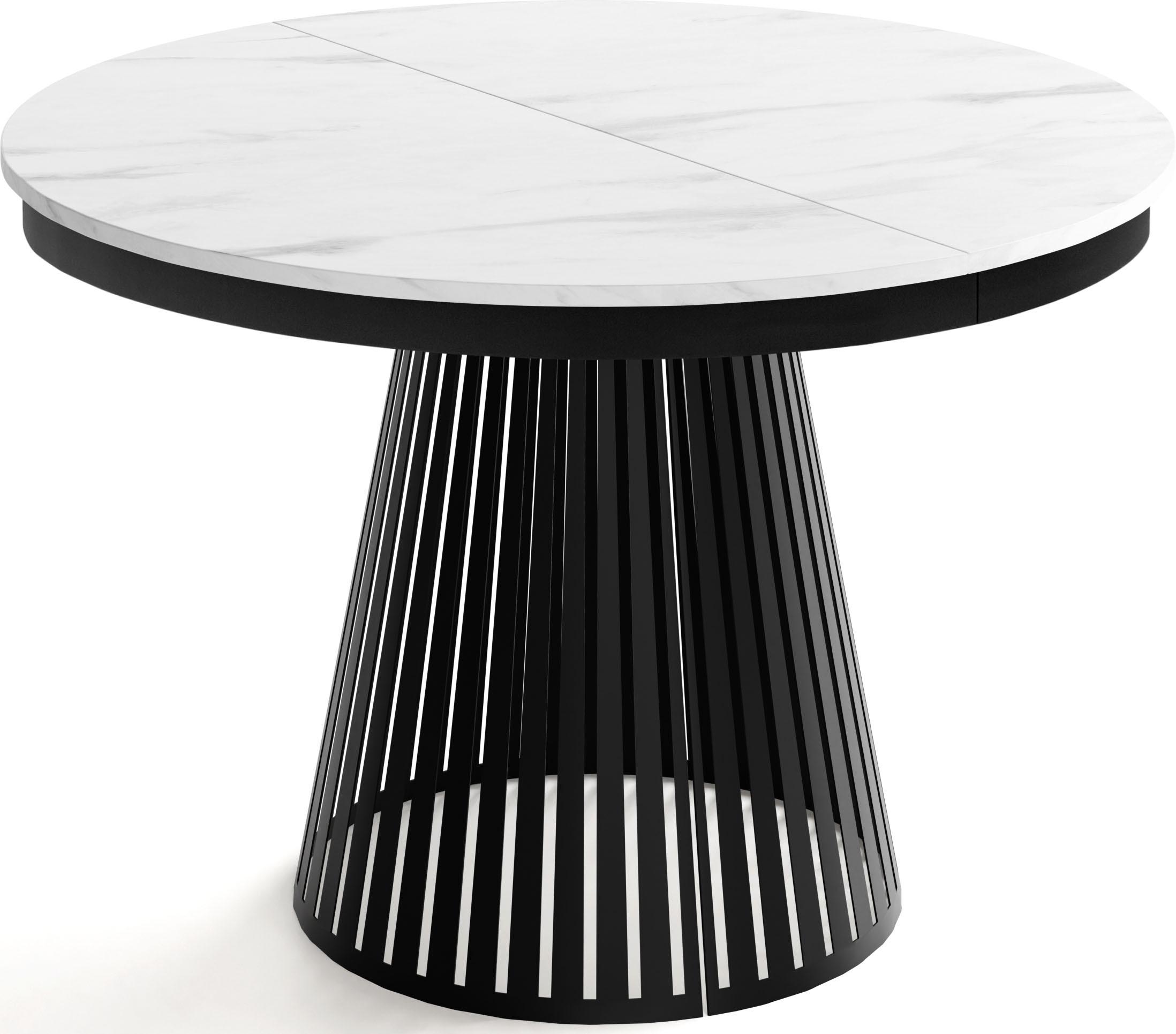 ESSTISCH Naro rund ausziehbar mit Schwarzem Lamellen-Metallgestell, Marmor Weiß 120-200/120/76 cm - Ecru/Schwarz, Holzwerkstoff/Metall (120/196/76cm) - WFL GROUP