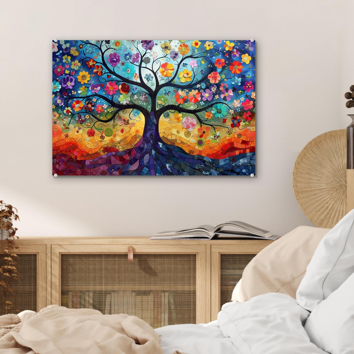 ACRYLGLASBILD Kunst - Baum des Lebens - Blumen - Hippie Wanddeko 60x40 cm - Dunkelblau, Glas (60/40cm) - MuchoWow