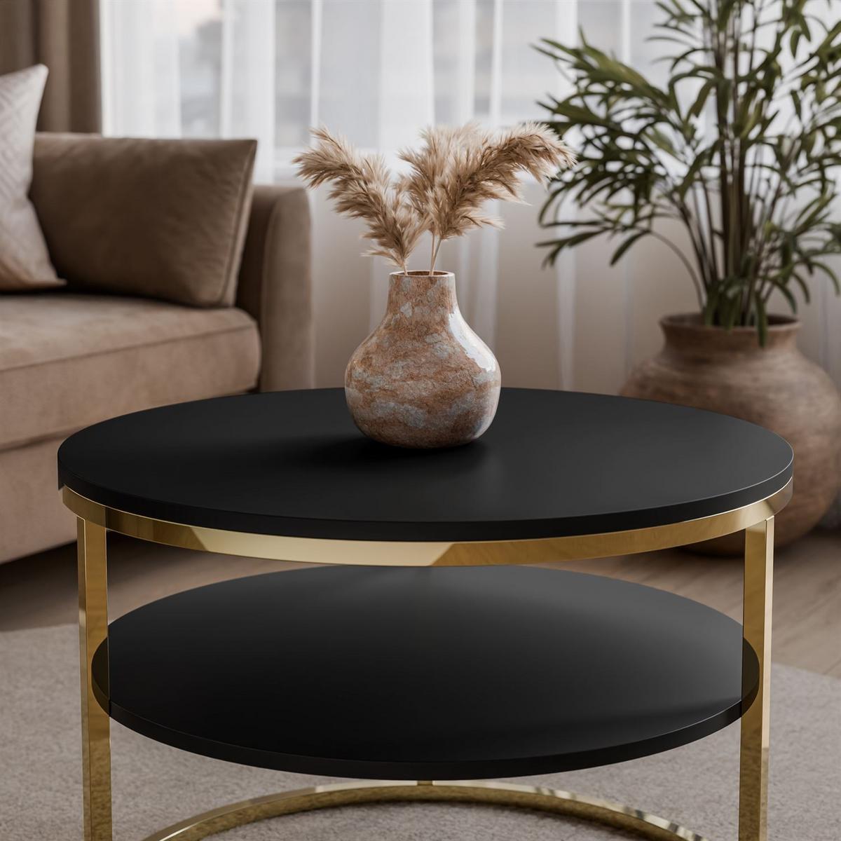CIRI MAT Couchtisch mit Ablage und Gestell in Goldchrom Schwarz matt - Goldfarben/Schwarz, Holzwerkstoff (70/70/49cm) - Lookway