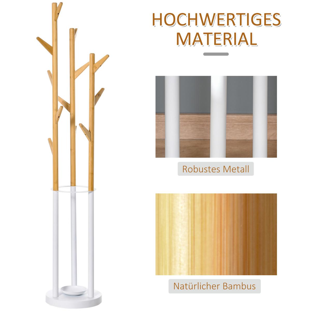 GARDEROBENSTÄNDER mit 12 Haken, Natur+Weiß 30,5 x 30,5 x 174,5 cm - Naturfarben, Naturmaterialien (30.5/174.5/30.5cm) - HOMCOM