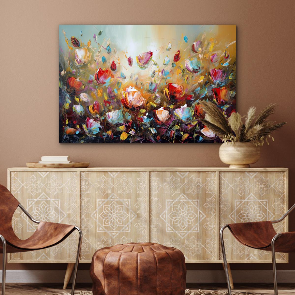 METALLBILD Blumen - Kunst - Natur - Ölgemälde Deko Groß 120x80 cm - Multicolor, Metall (120/80cm) - MuchoWow