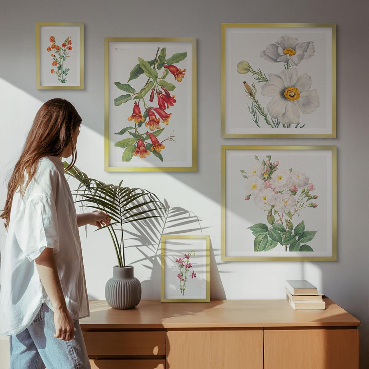 BILDER SET 5er Set - 50x50 cm & 20x30 cm & 40x60 cm Goldrahmen - Blumenmalerei im Retro-Stil - Goldfarben, Kunststoff (40/60cm) - TULUP