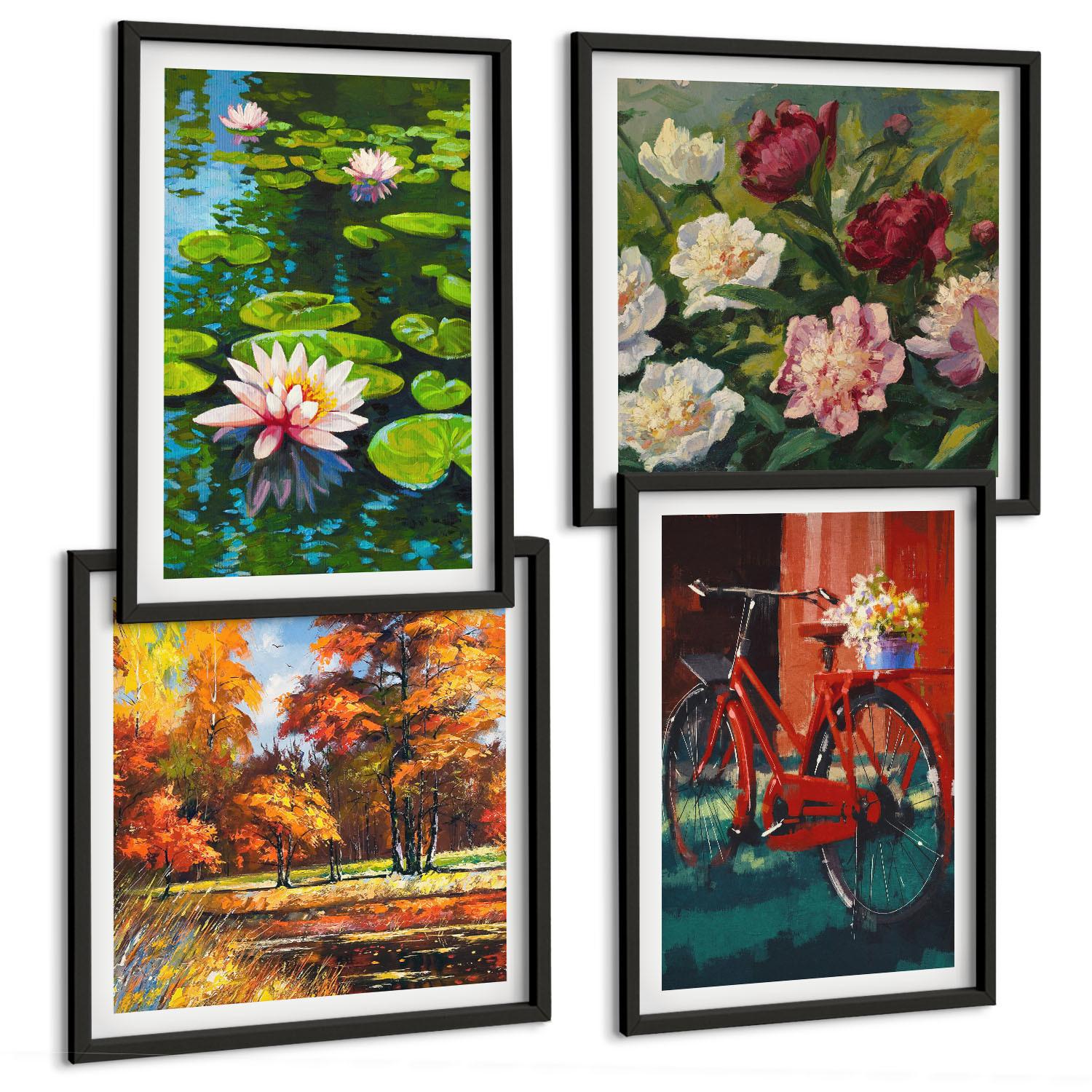 BILDER SET 4er Set - 50x50 cm & 40x60 cm Schwarzer Rahmen - Herbstfarben Seerosenteich - Schwarz, Kunststoff (50/50cm) - TULUP