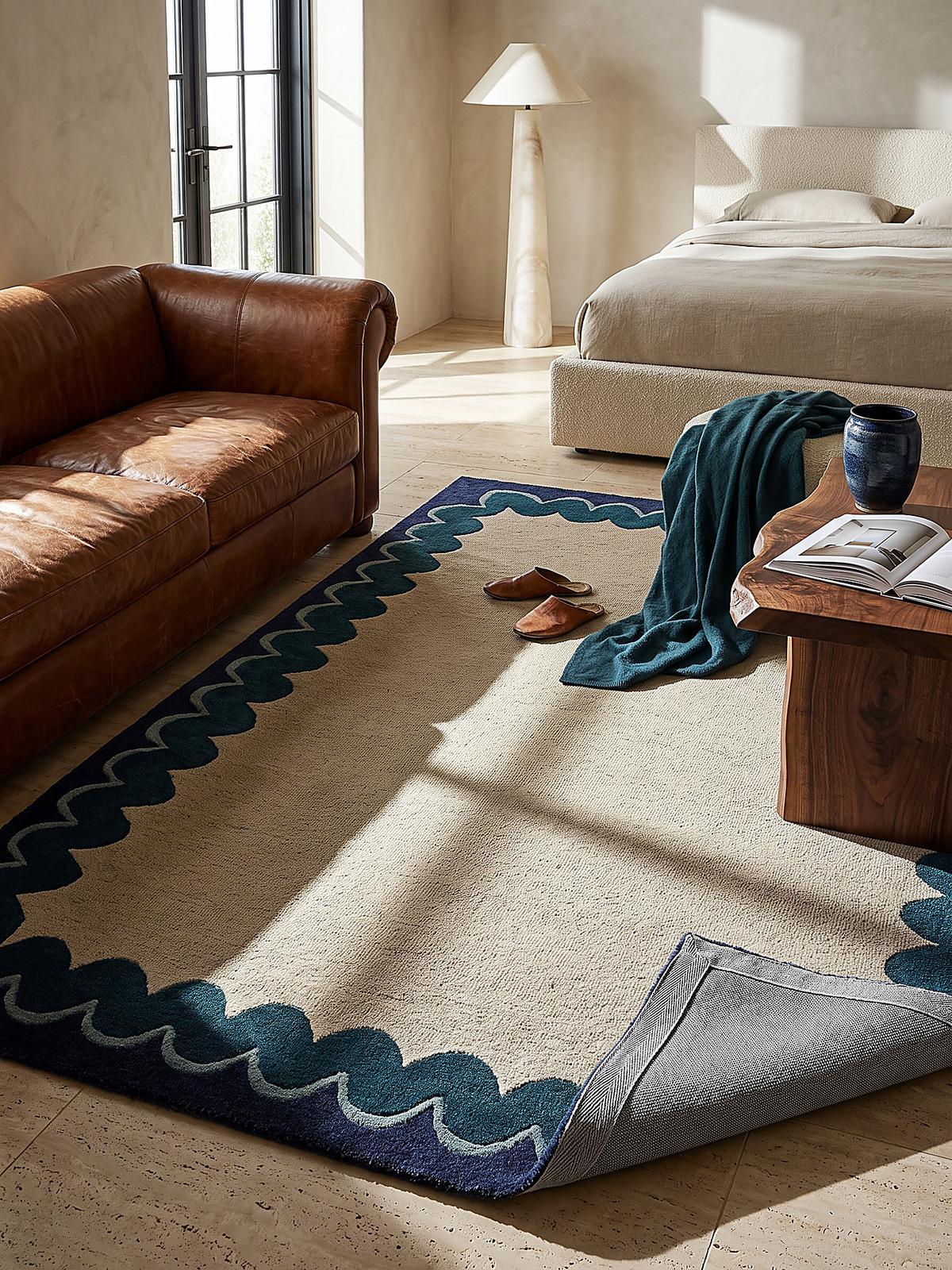 WOLLTEPPICH handgetuftet WAVENEY, Zickzack-Wellenbordüre, Petrol, 140 x 200 cm - Türkis, Textil (140/200cm) - KADIMA DESIGN