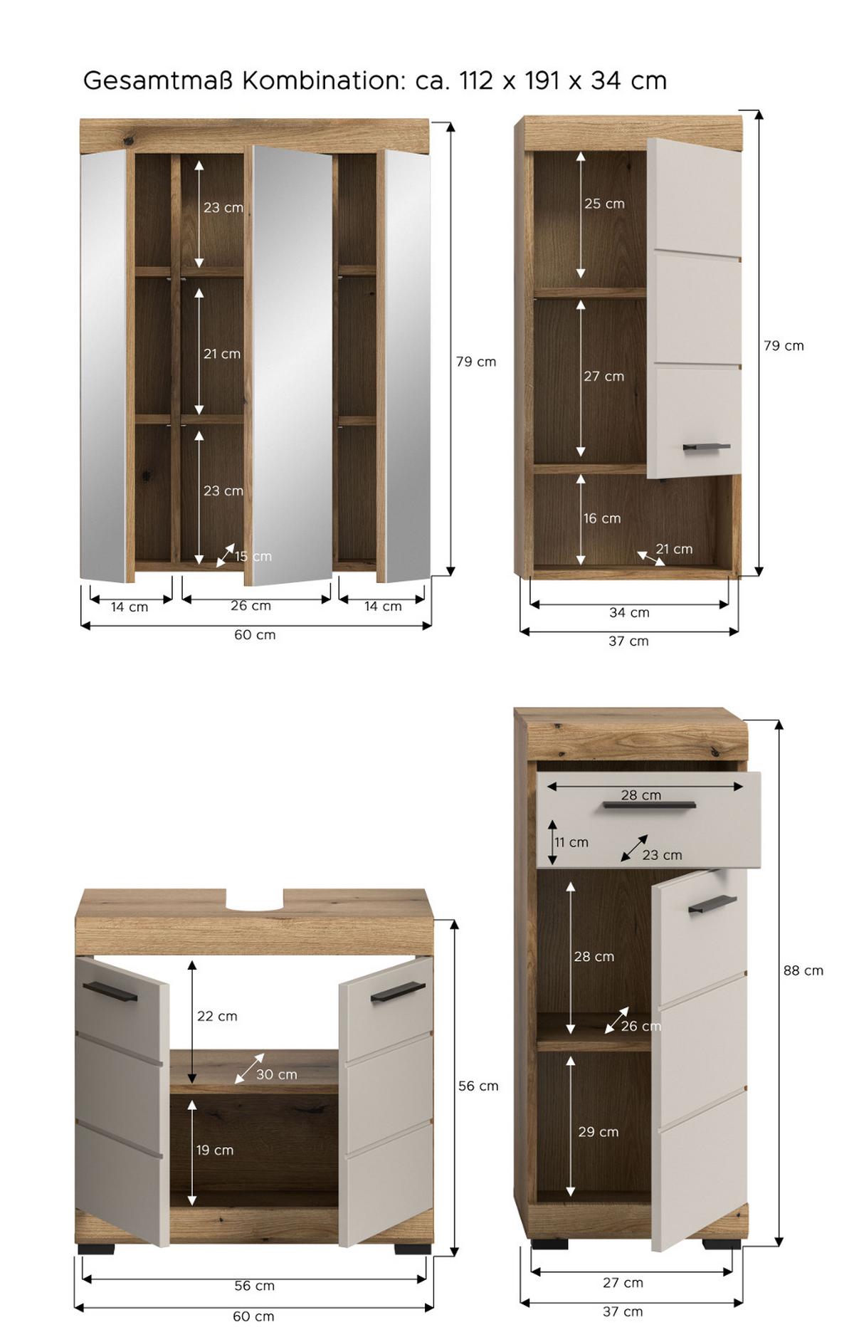 BADMÖBEL-SET Sand Kashmir, Evoke Eiche 4-teilig, Badkombination 112 x 191 cm - Kaschmir/Eichefarben, Glas/Holzwerkstoff (112/191/34cm) - Inn.Furn
