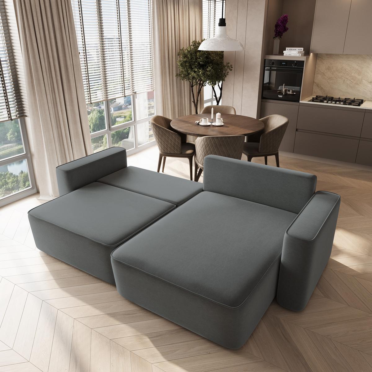 ECKSOFA BELISE CL Grau Veloursstoff mit Schlaffunktion - Grau, Holz/Textil (252/162cm) - MASSENO