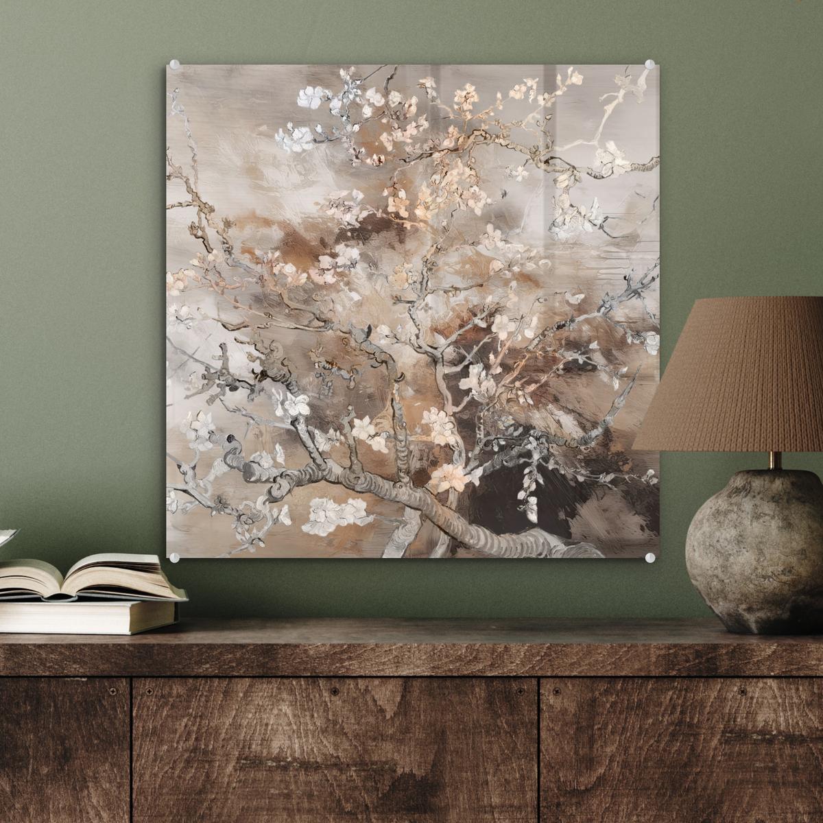 ACRYLGLASBILD Mandelblüte - Kunst - Van Gogh - Beige - Abstrakt 50x50 cm - Braun, Glas (50/50cm) - MuchoWow