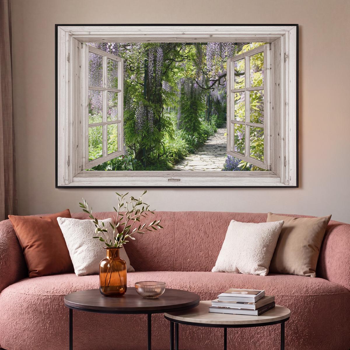 LEINWAND Bilder mit Rahmen - Blauer Regen - Blumen - Aussicht - Baum - Frühling - 120x80 - Grün, Textil (120/80cm) - MuchoWow
