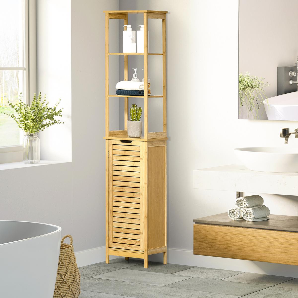 HOCHSCHRANK mit 3 offenen Fächer und 1 Schrank, kleine Räume, Natur - Naturfarben, Holz/Bambusholz (30/173/34cm) - Kleankin