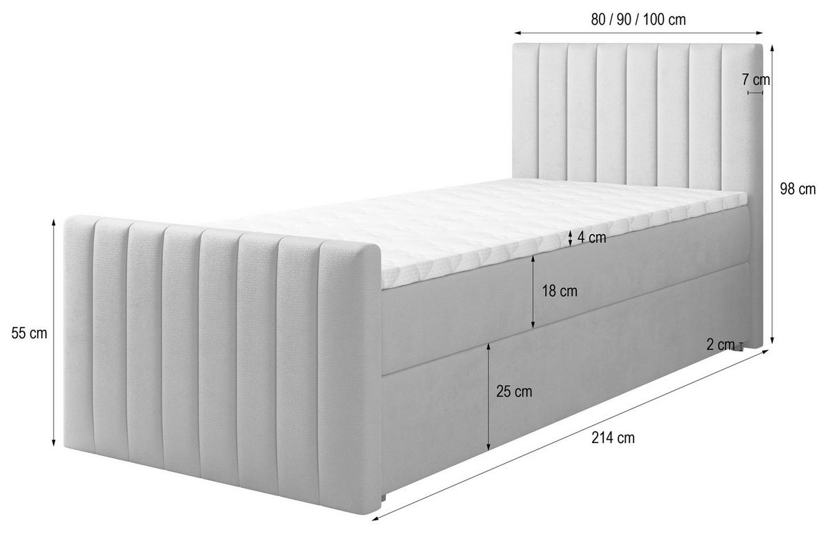 BOXBETT ARION 100 100x200 cm mit Matratze und Topper, H2+H3 - Grau - Grau, Holz (100/200cm) - MASSENO
