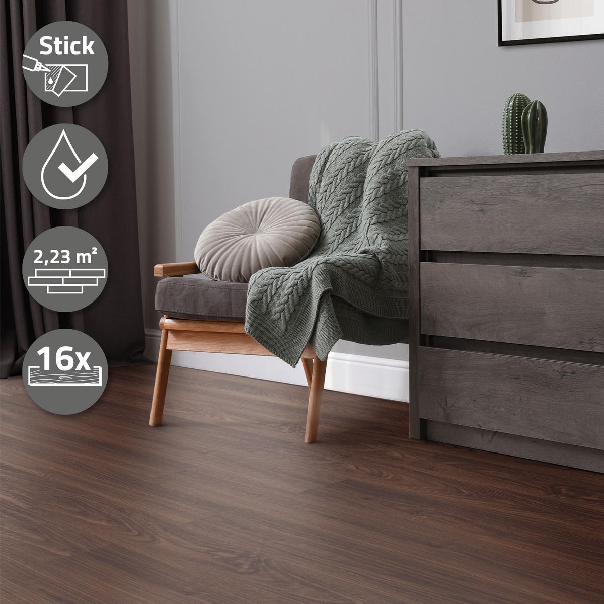 VINYLBODEN selbstklebend 2,23m²/16 Dielen Rot-Braun Nuss - Dunkelbraun, Kunststoff (91.5/15.3/0.2cm) - ML-DESIGN