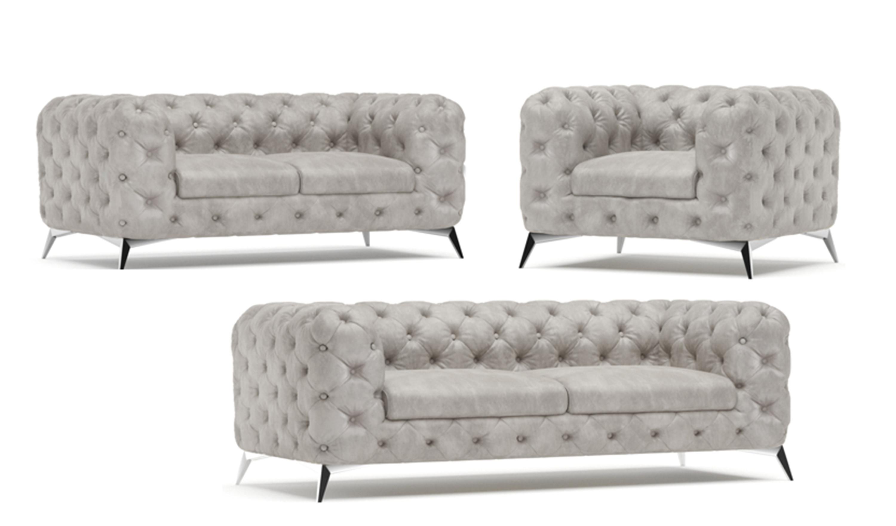 SITZGARNITUR 3+2+1 Chesterfield Quantum Grau Samt - Silberfarben/Grau, Holz/Textil (225/75/100cm) - S-Style