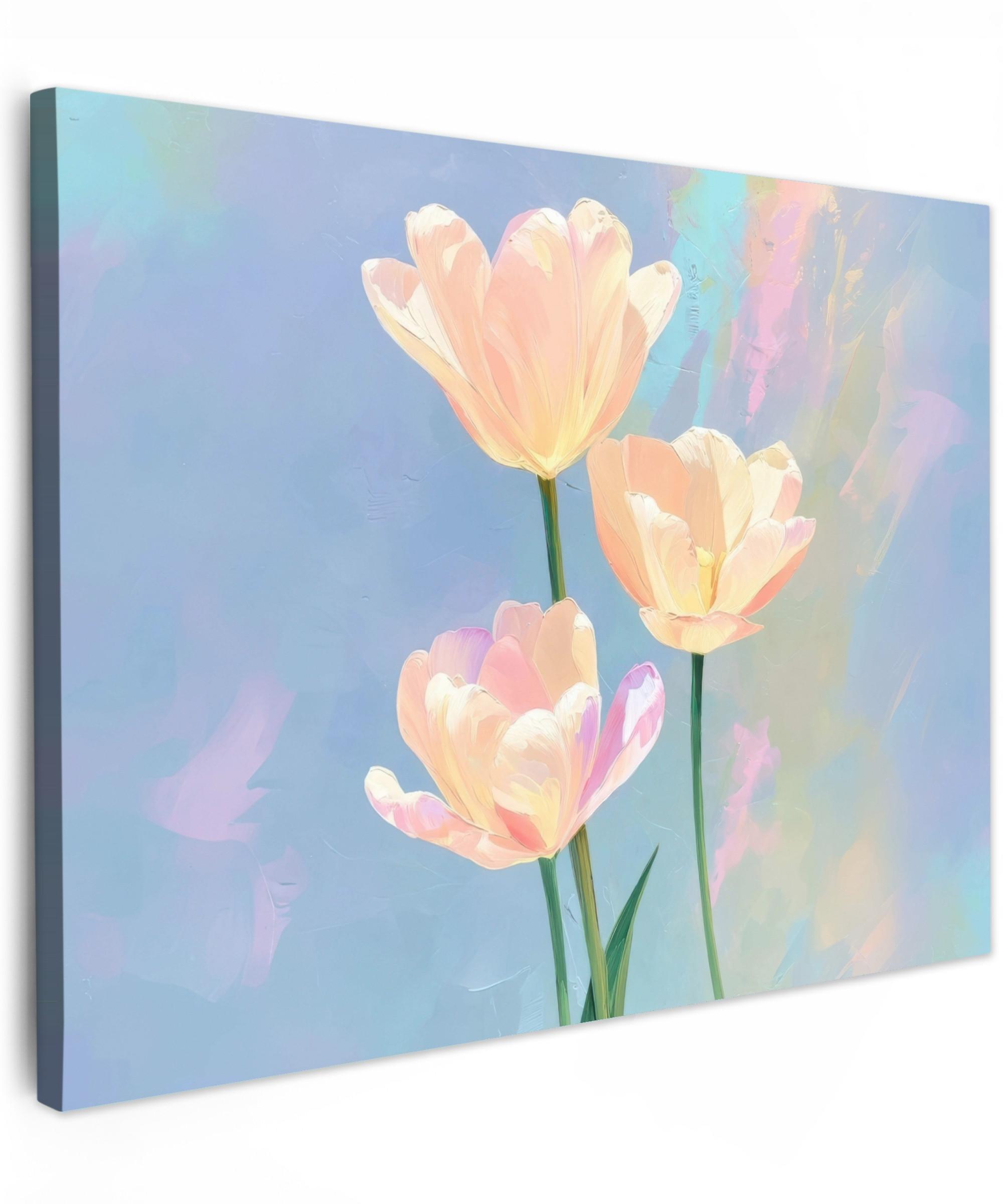 LEINWANDBILD Tulpen - Rosa Akzente - Blau Wandbilder 80x60 cm - Pastellblau, Textil (80/60cm) - MuchoWow