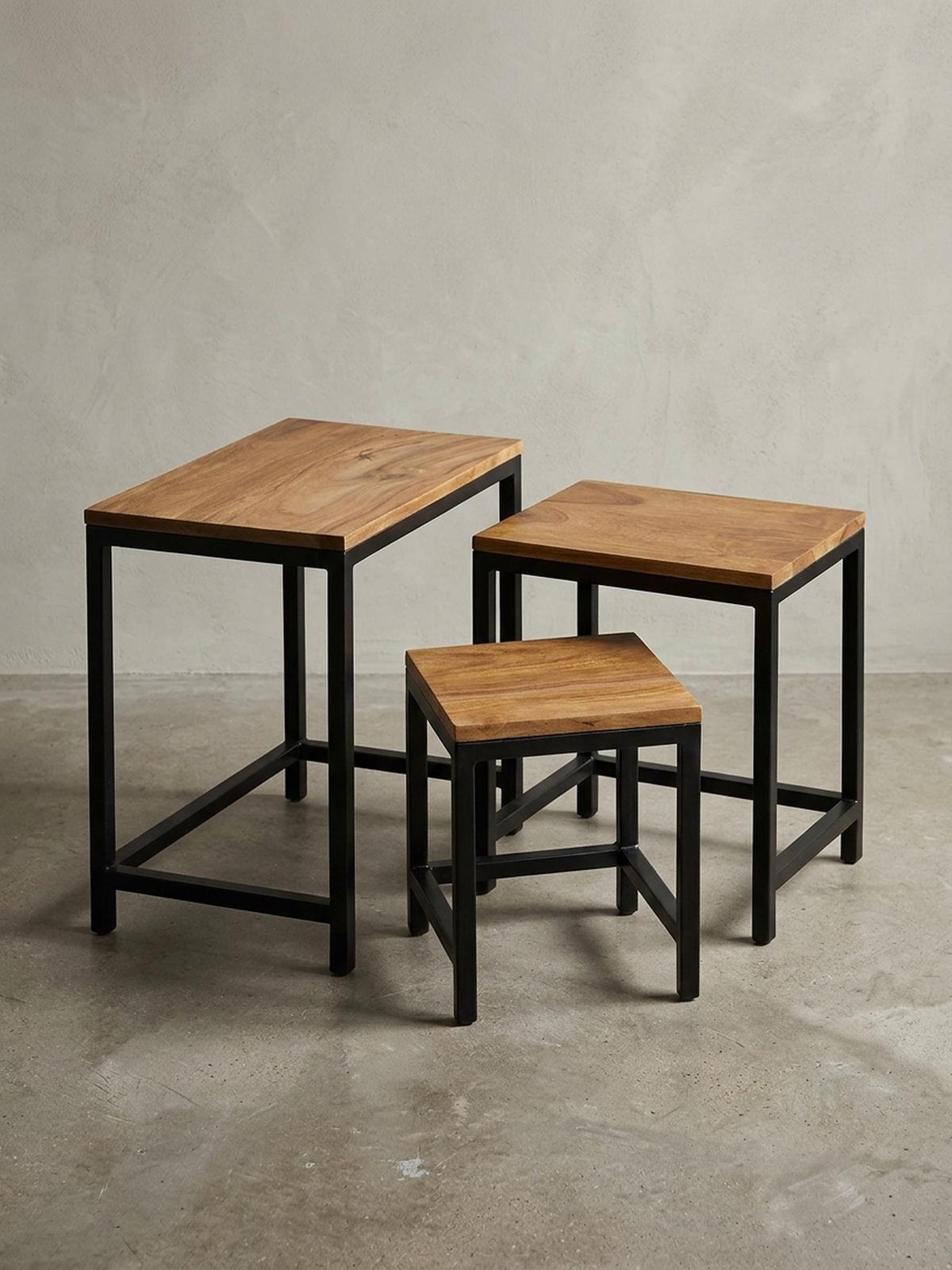 BEISTELLTISCH Set – 3-teilig Massivholz Metallbeine handgefertigt - Schwarz/Braun, Holz/Metall (30/45/45cm) - KADIMA DESIGN