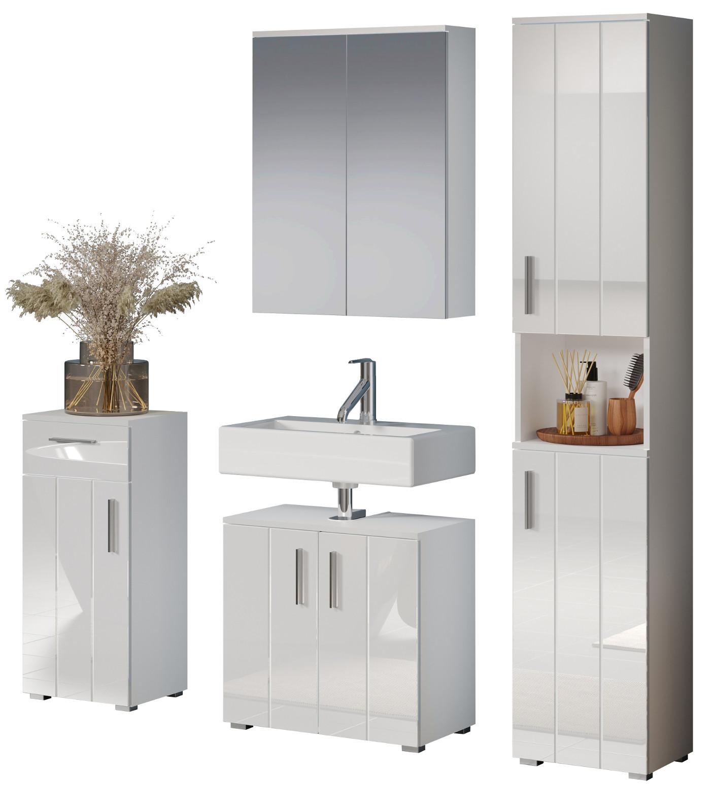 BADMÖBEL-SET weiß Hochglanz 4-teilig 164 x 192 cm, moderne Badezimmer-Schränke - Weiß Hochglanz/Silberfarben, Holzwerkstoff/Kunststoff (164/192/32cm) - Top.Furn